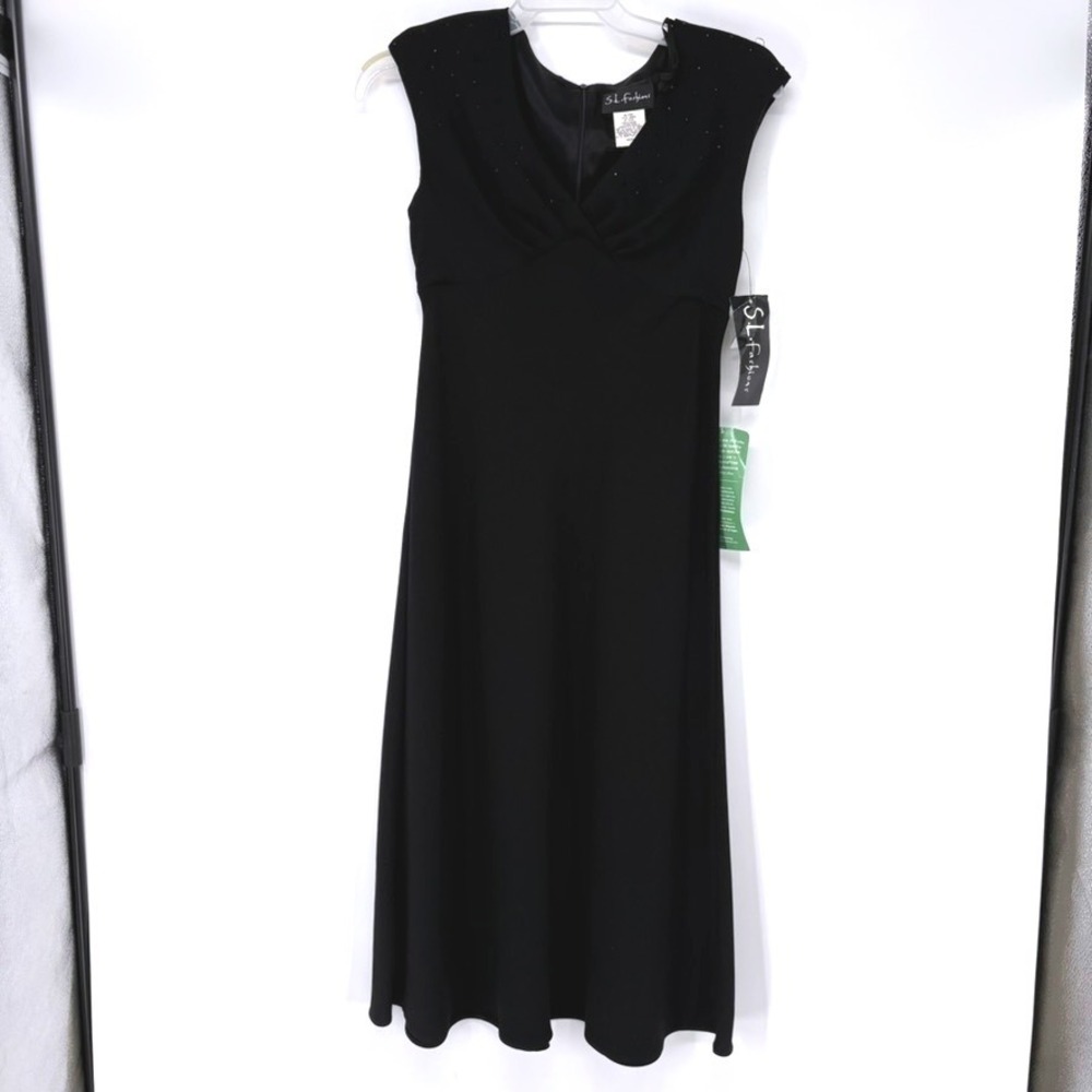 NWT VTG S.L. Fashions Dress Womens 6 Black Beaded V-Neck Special Occasion y2k